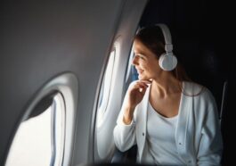 Junge Frau im Flugzeug